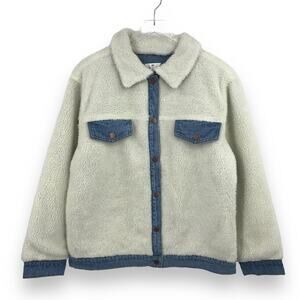 BP. Reversible Faux Fur Denim M Jacket Ivory Womens Collar Snap Pockets NWT